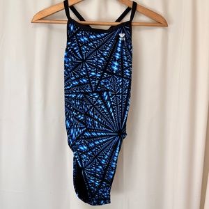 TYR swimsuit size 34  warp speed black blue